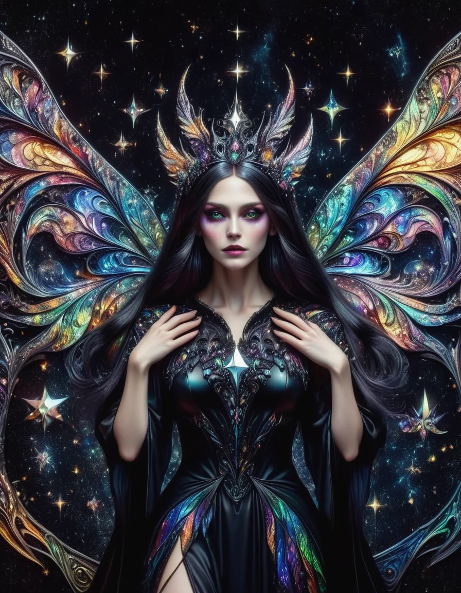 masterpiece, hyper detailed, DonMF41ryW1ng5XL, Mirror, Mirror on the Wall, Who's the Fairest of Them All?,  relfection of a beautiful sorceress in black garments, <lora:DonMF41ryW1ng5XL:1>