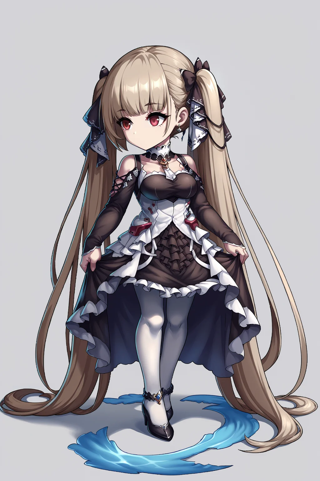 score_9, score_8_up, score_7_up, , rating_general,1girl ,fmisd, absurdly long hair, low twintails, hair ribbon, earrings, detached collar, neck tassel, black frilled dress, shoulder cutout, long sleeves, white pantyhose, ankle ornament, high heels, dynamic angle , source_anime, <lora:FormidablePDCAMEv5 AL:1>, <lora:BraveFrontierPDCAME PixelArt:1>, pixel art, 2d, full portrait, simple background, white background, chibi, no mouth