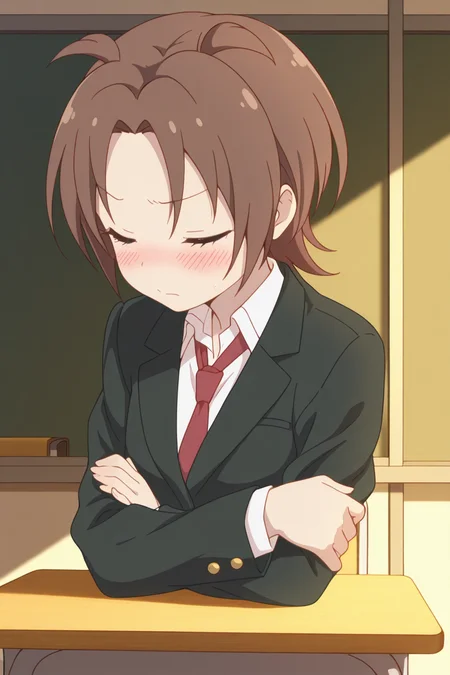 masterpiece, best quality, amazing quality,
<lora:Yuzu_IL:1> yuzu, school uniform, solo, closed eyes, brown hair, necktie, crossed arms, blush, desk, jacket, 1girl, blazer, short hair, red necktie