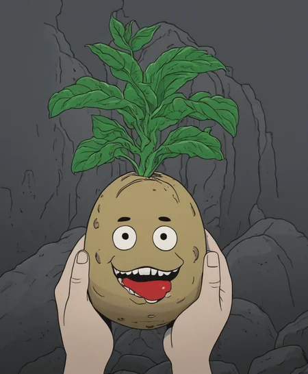 insanely dynamic illustration of close up of hands holding potato with face in hand, plant, green plant, cave in background, Scavengers Reign Style, dark background, grey background, potato with face, big eyes in tomato, teeth in mouth, smiling. best quality, high resolution. crazy artstyle, careless brushstrokes, emotional and fun, Flat 2D Art, close up of hands holding potato with face in hand, plant, green plant, cave in background, Scavengers Reign Style, dark background, grey background, potato with face, big eyes in tomato, teeth in mouth, smiling, simple flat color, 2-dimensional, Flat 2D Art Style, concept art close up of hands holding potato with face in hand, plant, green plant, cave in background, Scavengers Reign Style, dark background, grey background, potato with face, big eyes in tomato, teeth in mouth, smiling . digital artwork, illustrative, painterly, matte painting, highly detailed