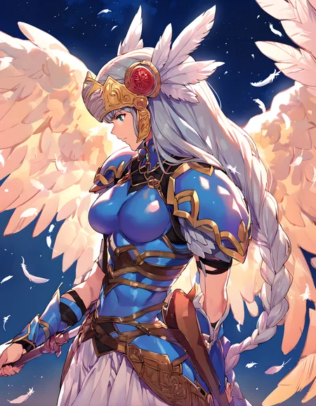 <lora:pony_xl_Lenneth:0.9>,Lenneth,score_9,score_8_up,score_7_up,source_anime,1girl,solo,valkyrie,winged helmet,blue armor,shoulder armor,pauldrons,long_skirt,feathers,angel wings,holding weapon,polearm,spear,night,night_sky,cowboy_shot,from_side,looking_down,aerial,fighting,v-shaped eyebrows,
