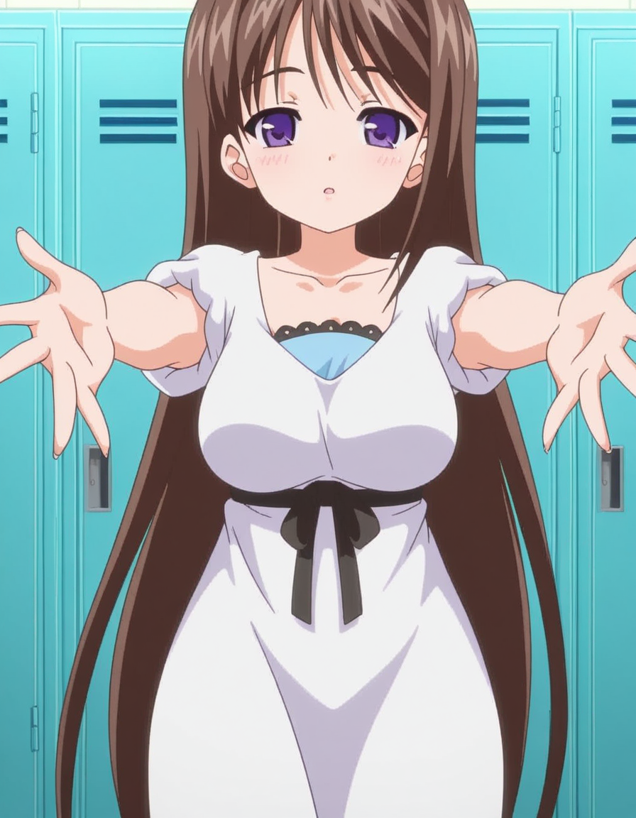 masterpiece, best quality, amazing quality,, <lora:marina-akizuki-ova-illustriousxl-lora-nochekaiser:1>, marina akizuki, long hair, brown hair, purple eyes, mature female, breasts, anime screencap, dress, ribbon, collarbone, short sleeves, white dress,, on back, arm support, arms up, incoming hug, pov, reaching, reaching towards viewer,, locker room, lockers, benches, towels, showers, cowboy shot, solo, looking at viewer