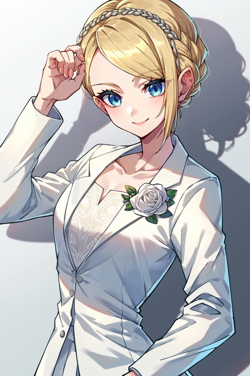 absurdres,high quality,score_9, score_8_up, score_7_up, score_6_up, score_5_up, score_4_up, source_anime,edgCosette,braid,white suit,  skirt, blonde hair, smile
 <lora:edgCosettePony:1>