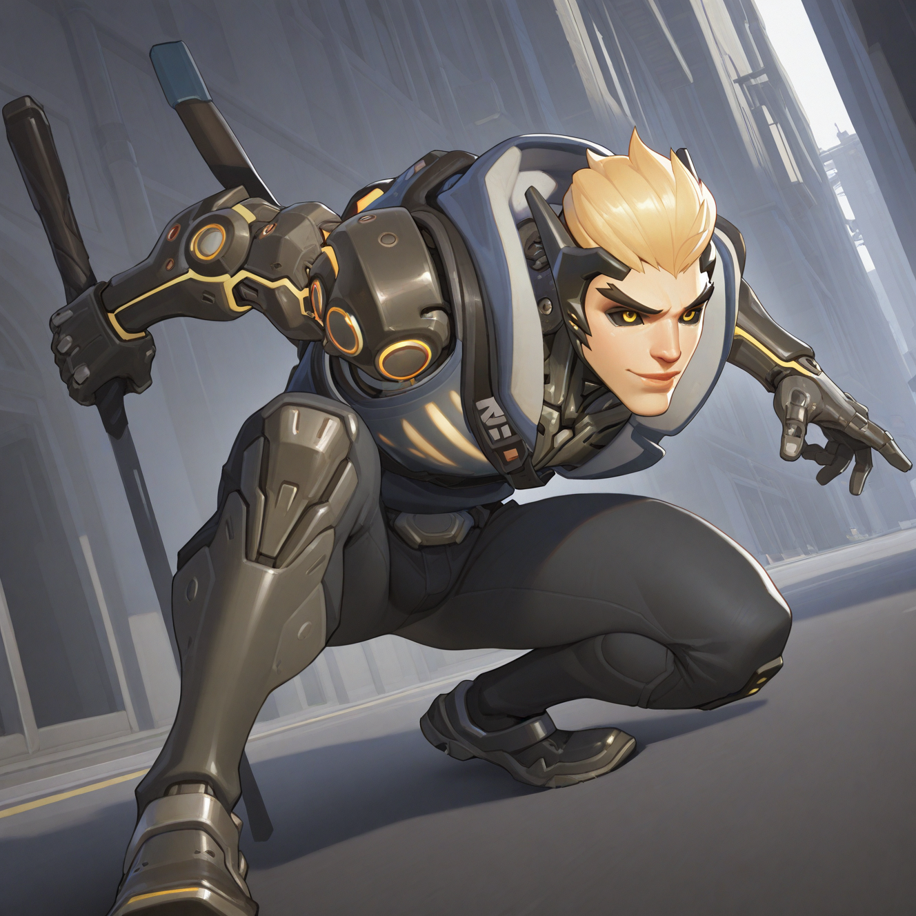 <lora:GENJI_GENOS:1> genji_genos, solo, short hair, blonde hair, 1boy, yellow eyes, male focus, weapon, outdoors, pants, artist name, belt, armor, vest, lips, bodysuit, black pants, watermark, squatting, web address, colored sclera, science fiction, nose, realistic, black sclera, cyborg, yellow sclera, street, mohawk, cyberpunk, building, mechanical arms, single mechanical arm, tilted angle, motion blur, film grain, abstract, natural lighting, fantasy, cinematic, dynamic view, tilted angle,, very awa, masterpiece, best quality, absurdres, newest, perfect quality, detailed background, intricate details,  (artist:fl \(l-fl\):0.7), (artist:tooboshoo:0.7), (artist:dizdoodz:0.8)