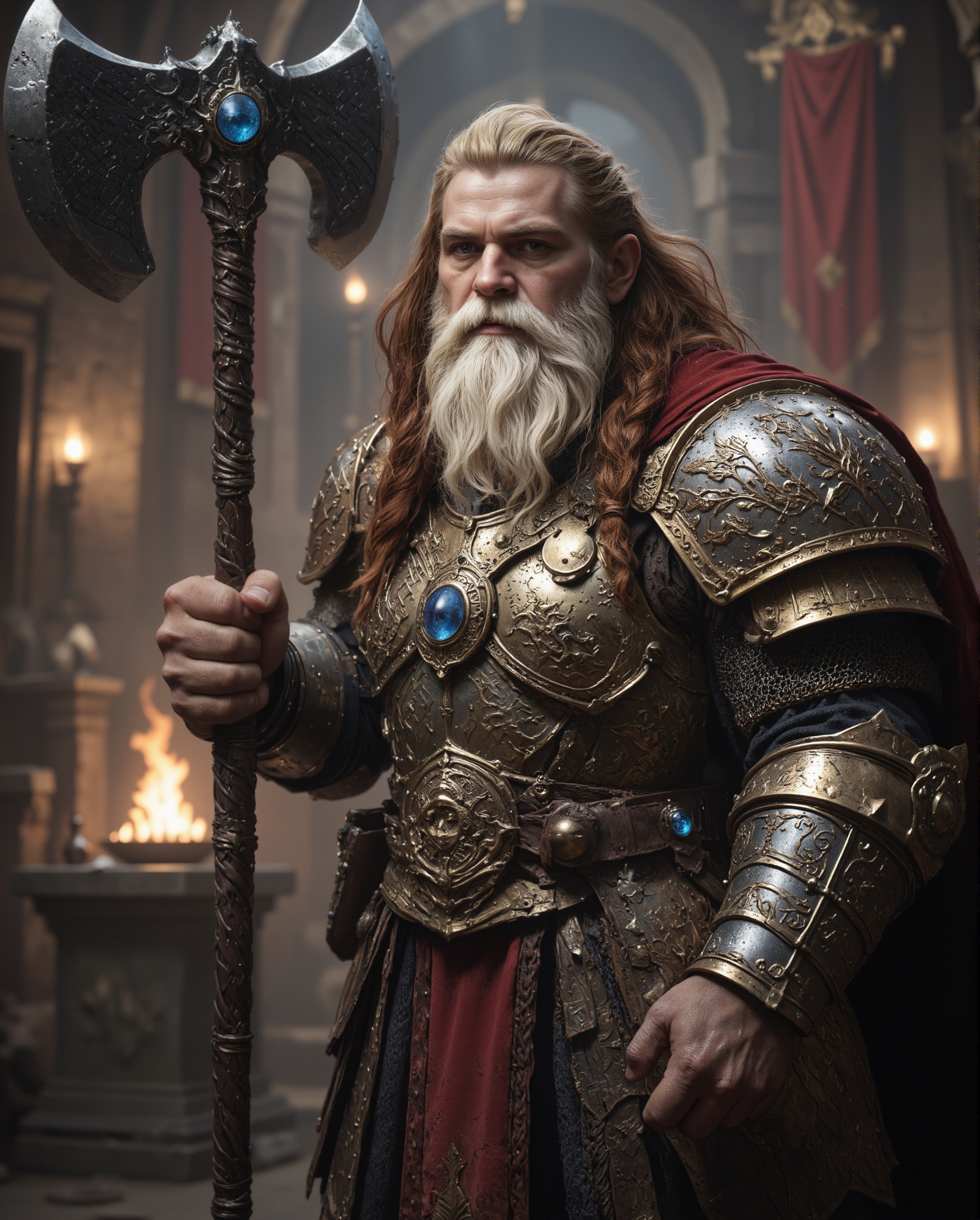 The image portrays a commanding and regal warrior in a richly detailed fantasy setting. The figure stands tall and imposing, exuding authority and strength. His long, snow-white beard is neatly braided, with strands interwoven into intricate plaits, showcasing both his wisdom and cultural heritage. The braiding adds an air of discipline and tradition, emphasizing his distinguished persona. His hair, matching the beard in color, is tied back loosely, cascading slightly behind his head and shoulders.  The character wears an ornate grey crown signifying his high status, possibly as a king or noble warrior. His facial expression is intense and resolute, with piercing eyes that convey both wisdom and determination. His chiseled features and furrowed brows suggest a life of experience, battles, and leadership.  The armor he dons is an extraordinary masterpiece of craftsmanship. Made of intricately engraved grey geometric steel, it is layered with square motifs and patterns an runes, blending utility with aesthetic grandeur. The chest piece is robust and adorned with ornate designs that interlock, accentuating his royal and battle-hardened demeanor. His shoulders are protected by massive pauldrons that match the rest of the armor in detail, and they extend outward with ridged edges, emphasizing his imposing stature.  Around his waist, a wide leather belt with a large, intricately designed buckle secures the armor, while several small pouches and decorative elements hang from it, suggesting readiness for both combat and leadership.  The warrior grips a massive, massive double-headed battle hammer like Thors hammer in his right hand, the weapon clearly a symbol of his strength and authority. The hammers  The head of the weapon is ornately decorated, featuring . The handle is long, sturdy, and metal , ending in a pommel that matches the ornate aesthetic of his overall ensemble.  He also holds ((Very Large big huge)) ((((rectangular)))) angular shield, like a Roman Scutum, it has a boss, a bulge on the front made out of iron or bronze.  The setting further emphasizes the grandeur and mystique of the character. He stands in what appears to be an ancient, stone-built throne room or ceremonial hall. The backdrop features arched doorways and decorative pillars, with warm torchlight casting flickering shadows across the stone walls. The torches are mounted in iron sconces, their flames adding a golden glow to the scene.   a cave and waterfall behind the figure in the background lend a sense of otherworldly majesty and mystery to the environment.  Overall, the image depicts a legendary warrior-king, whose braided white beard, majestic armor, and commanding presence evoke both reverence and awe. This is a figure who symbolizes power, wisdom, and an indomitable spirit, standing at the nexus of history, myth, and destiny.  This image depicts a formidable medieval dwarf warrior clad in heavy, intricate plate armor with a distinctly dark and imposing aesthetic. The artwork appears to be a detailed illustration rendered in monochromatic tones, primarily using blacks, grays, and subtle metallic highlights. The warrior's most striking feature is their helmet, which features a distinctive design reminiscent of early medieval great helms but with added complexity. The helmet has a T-shaped visor with angular, aggressive lines and additional protective plates that give it a menacing appearance. Various geometric patterns and reinforced ridges are incorporated into the helmet's design, suggesting both decorative and functional purposes. The armor itself is a masterwork of layered plates and interlocking segments. The chest piece consists of multiple overlapping plates with geometric patterns and angular designs that echo throughout the entire suit. The shoulders are protected by large pauldrons with sharp, aggressive angles and decorative ridging that matches the overall aesthetic of the armor. The arm protection includes detailed vambraces and couters (elbow protection) that maintain the same geometric motif. Below the waist, the warrior wears a coat of scale mail that resembles a skirt or tasset. This piece is particularly detailed, showing individual scales arranged in overlapping rows, creating a flexible but highly protective layer. The legs are protected by greaves that continue the angular, geometric design language of the upper armor. The warrior's stance is powerful and grounded, suggesting both strength and stability. They are wielding a distinctive weapon that appears to be a war hammer or pole weapon with spikes on both ends. The weapon's design matches the armor's aesthetic, featuring geometric shapes and angular construction. The warrior holds this weapon with both hands in a ready position, suggesting combat preparedness. The entire ensemble is colored in various shades of black and dark gray, with lighter highlights that emphasize the metallic nature of the armor and create depth in the illustration. The shading and detail work is particularly notable in how it brings out the various textures of the different armor components – from the smooth, polished surfaces of the plate armor to the rougher, more textured appearance of the scale mail. The overall design suggests a fusion of historical medieval armor with a fantasy or dark fantasy aesthetic. While the basic components of the armor (helmet, breastplate, pauldrons, etc.) are grounded in historical armor designs, the specific styling and exaggerated elements push it into a more fantastical realm. The aggressive angles, elaborate geometric patterns, and imposing silhouette create an intimidating presence that would be at home in a dark fantasy setting or video game. The illustration style itself is highly detailed and technical, almost like a character concept art piece, with careful attention paid to how each piece of armor would theoretically connect and function. The linework is precise and clean, while the shading adds depth and dimensionality to the figure. Despite the complexity of the armor, the composition remains clear and readable, with a strong sense of the overall silhouette and character design.
