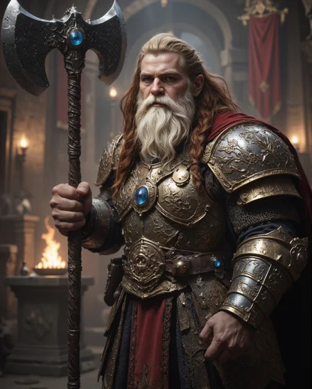 The image portrays a commanding and regal warrior in a richly detailed fantasy setting. The figure stands tall and imposing, exuding authority and strength. His long, snow-white beard is neatly braided, with strands interwoven into intricate plaits, showcasing both his wisdom and cultural heritage. The braiding adds an air of discipline and tradition, emphasizing his distinguished persona. His hair, matching the beard in color, is tied back loosely, cascading slightly behind his head and shoulders. The character wears an ornate grey crown signifying his high status, possibly as a king or noble warrior. His facial expression is intense and resolute, with piercing eyes that convey both wisdom and determination. His chiseled features and furrowed brows suggest a life of experience, battles, and leadership. The armor he dons is an extraordinary masterpiece of craftsmanship. Made of intricately engraved grey geometric steel, it is layered with square motifs and patterns an runes, blending utility with aesthetic grandeur. The chest piece is robust and adorned with ornate designs that interlock, accentuating his royal and battle-hardened demeanor. His shoulders are protected by massive pauldrons that match the rest of the armor in detail, and they extend outward with ridged edges, emphasizing his imposing stature. Around his waist, a wide leather belt with a large, intricately designed buckle secures the armor, while several small pouches and decorative elements hang from it, suggesting readiness for both combat and leadership. The warrior grips a massive, massive double-headed battle hammer like Thors hammer in his right hand, the weapon clearly a symbol of his strength and authority. The hammers The head of the weapon is ornately decorated, featuring . The handle is long, sturdy, and metal , ending in a pommel that matches the ornate aesthetic of his overall ensemble. He also holds ((Very Large big huge)) ((((rectangular)))) angular shield, like a Roman Scutum, it has a boss, a bulge on the front made out of iron or bronze. The setting further emphasizes the grandeur and mystique of the character. He stands in what appears to be an ancient, stone-built throne room or ceremonial hall. The backdrop features arched doorways and decorative pillars, with warm torchlight casting flickering shadows across the stone walls. The torches are mounted in iron sconces, their flames adding a golden glow to the scene. a cave and waterfall behind the figure in the background lend a sense of otherworldly majesty and mystery to the environment. Overall, the image depicts a legendary warrior-king, whose braided white beard, majestic armor, and commanding presence evoke both reverence and awe. This is a figure who symbolizes power, wisdom, and an indomitable spirit, standing at the nexus of history, myth, and destiny. This image depicts a formidable medieval dwarf warrior clad in heavy, intricate plate armor with a distinctly dark and imposing aesthetic. The artwork appears to be a detailed illustration rendered in monochromatic tones, primarily using blacks, grays, and subtle metallic highlights. The warrior's most striking feature is their helmet, which features a distinctive design reminiscent of early medieval great helms but with added complexity. The helmet has a T-shaped visor with angular, aggressive lines and additional protective plates that give it a menacing appearance. Various geometric patterns and reinforced ridges are incorporated into the helmet's design, suggesting both decorative and functional purposes. The armor itself is a masterwork of layered plates and interlocking segments. The chest piece consists of multiple overlapping plates with geometric patterns and angular designs that echo throughout the entire suit. The shoulders are protected by large pauldrons with sharp, aggressive angles and decorative ridging that matches the overall aesthetic of the armor. The arm protection includes detailed vambraces and couters (elbow protection) that maintain the same geometric motif. Below the waist, the warrior wears a coat of scale mail that resembles a skirt or tasset. This piece is particularly detailed, showing individual scales arranged in overlapping rows, creating a flexible but highly protective layer. The legs are protected by greaves that continue the angular, geometric design language of the upper armor. The warrior's stance is powerful and grounded, suggesting both strength and stability. They are wielding a distinctive weapon that appears to be a war hammer or pole weapon with spikes on both ends. The weapon's design matches the armor's aesthetic, featuring geometric shapes and angular construction. The warrior holds this weapon with both hands in a ready position, suggesting combat preparedness. The entire ensemble is colored in various shades of black and dark gray, with lighter highlights that emphasize the metallic nature of the armor and create depth in the illustration. The shading and detail work is particularly notable in how it brings out the various textures of the different armor components – from the smooth, polished surfaces of the plate armor to the rougher, more textured appearance of the scale mail. The overall design suggests a fusion of historical medieval armor with a fantasy or dark fantasy aesthetic. While the basic components of the armor (helmet, breastplate, pauldrons, etc.) are grounded in historical armor designs, the specific styling and exaggerated elements push it into a more fantastical realm. The aggressive angles, elaborate geometric patterns, and imposing silhouette create an intimidating presence that would be at home in a dark fantasy setting or video game. The illustration style itself is highly detailed and technical, almost like a character concept art piece, with careful attention paid to how each piece of armor would theoretically connect and function. The linework is precise and clean, while the shading adds depth and dimensionality to the figure. Despite the complexity of the armor, the composition remains clear and readable, with a strong sense of the overall silhouette and character design.