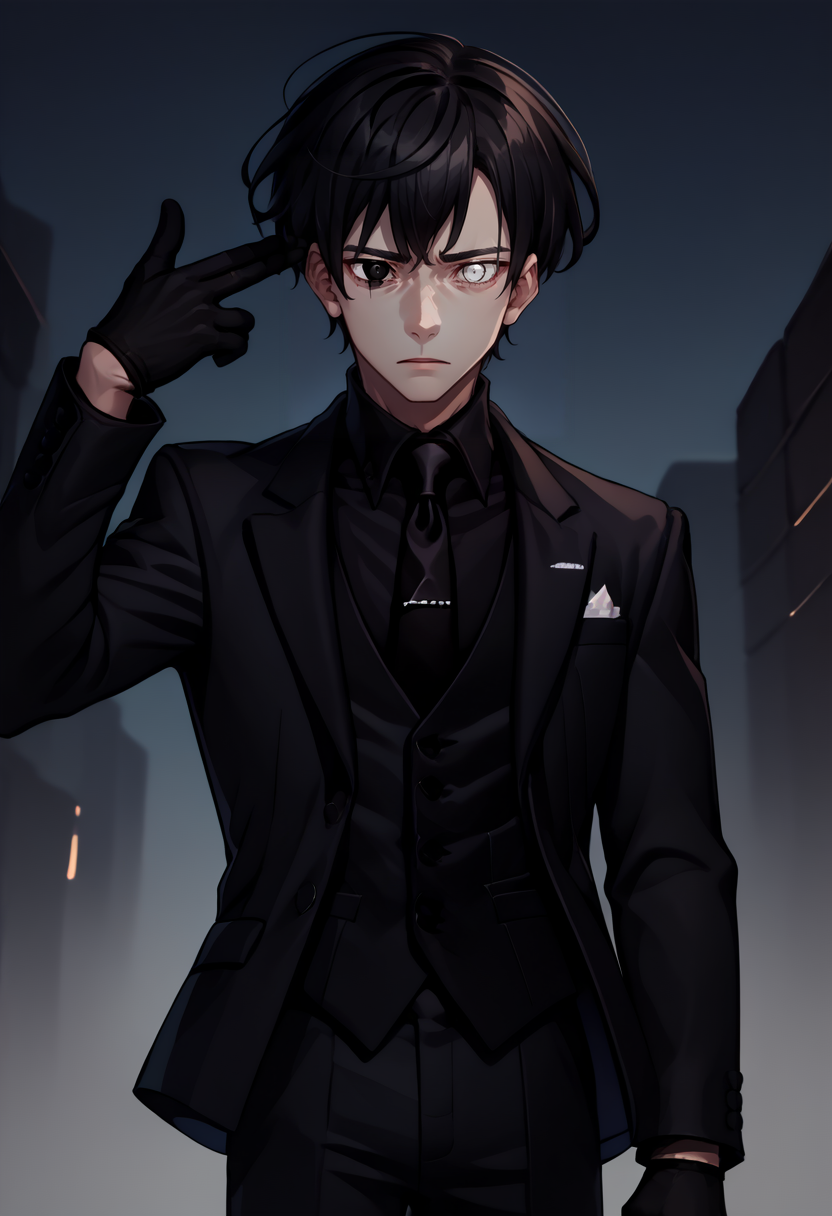 score_9, score_8_up, score_7_up, source_anime, 1boy, finger gun to head, <lora:FingergunToHead_XLPD:1>, night, dramatic, <lora:oc_justtnp_ponyXL:1> justtnp, heterochromia, black eyes, white eyes, formal, black jacket, black vest, black necktie, black gloves, black hair,