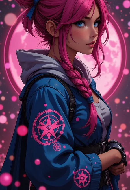 pink lady in the style of ck-mgs, female mage with blue robes featuring arcane mystical symbols, silhouetted, chiascuro