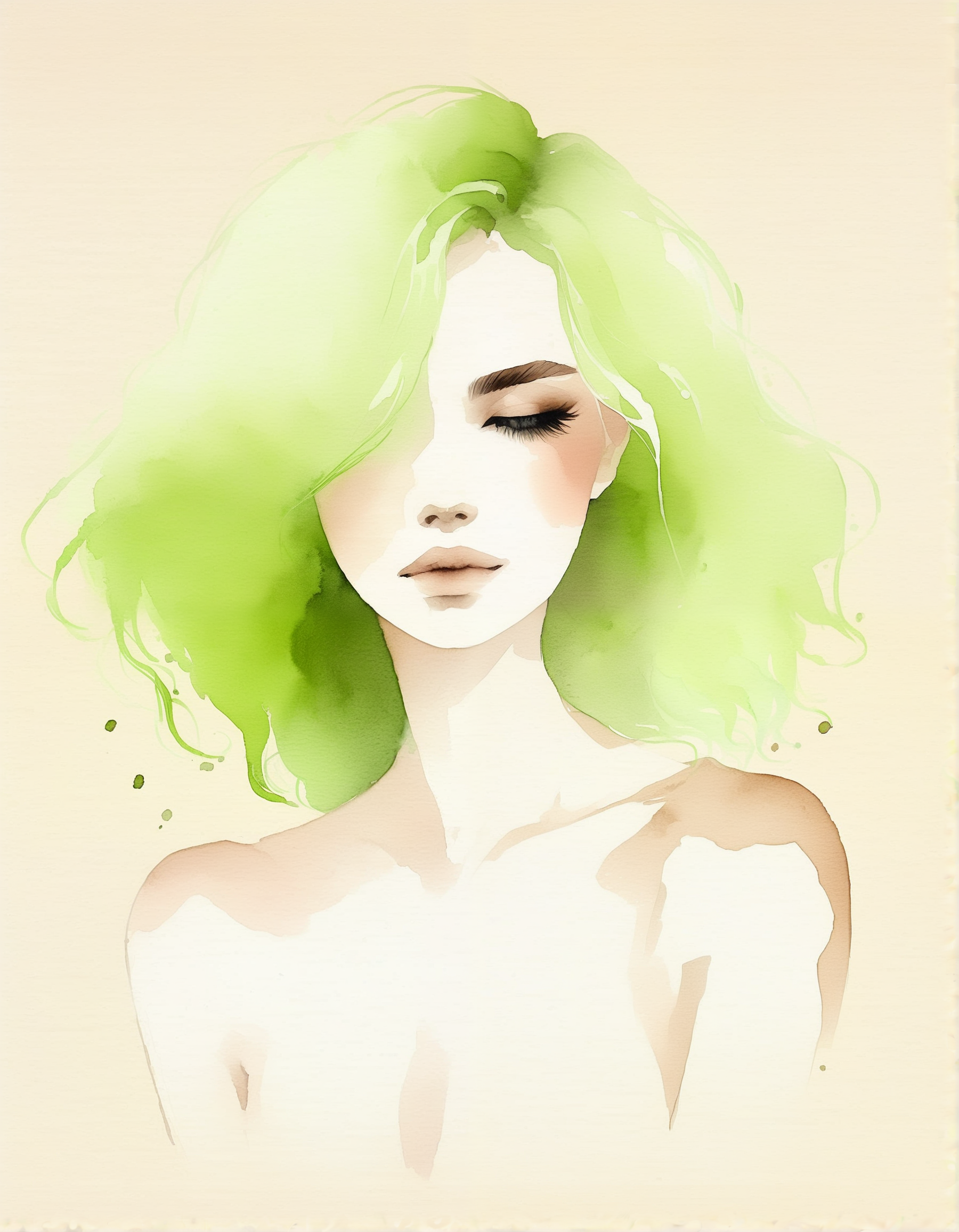 water colors, painting, 1girl, lime green hair, beautiful face, nude, beige background, rough paper