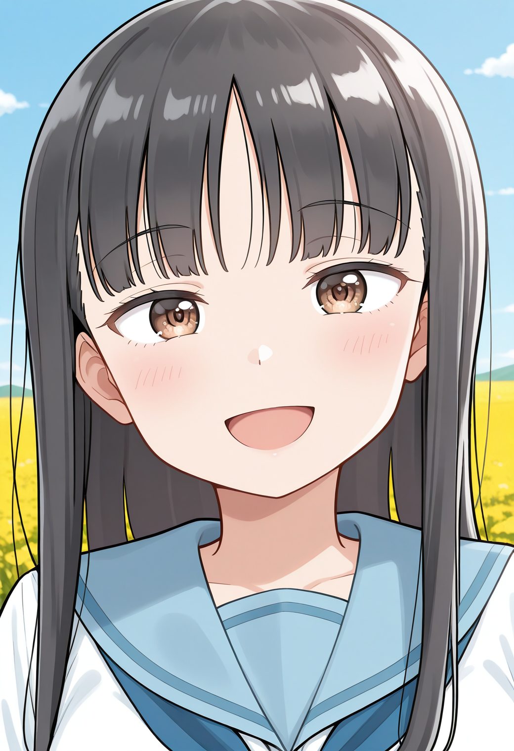 yuzuki_kaede, brown eyes, black hair, long hair, bangs, school uniform, serafuku, white shirt, long sleeves, blue skirt, <lora:yuzuki_kaede_illustrious_ver1:0.8> 
1girl, solo, (field:1.2), (blue sky:1.2), looking at viewer, smile,, masterpiece, best quality, general,, (upper body:1.2), (close-up:1.2), (facing viewer:1.2), (open eyes:1.4), (portrait:1.2)