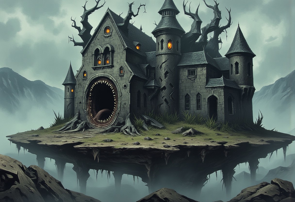 Ilustration in DarkestDungeon style  of ruined castle placed on the island that is floating in the air above the mountains covered in Creeping Fog.
The castle is overgown with shapeless flesh growin in random part of the castle, the flesh on castle walls is also covered in eyes, eyes on the fleshy parts of castle are empy, black and have no pupil or iris, just pure black sclera. 
In the castle windows there are diffrent set of eyes, massive glowing yellow ones with red glowing pupils.
The castle gate is a gianting gaping mouth filled with multiple ets of teeths.
the ground around the castle is filled with old bones, and fleshy tentacles.