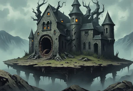 Ilustration in DarkestDungeon style of ruined castle placed on the island that is floating in the air above the mountains covered in Creeping Fog.
The castle is overgown with shapeless flesh growin in random part of the castle, the flesh on castle walls is also covered in eyes, eyes on the fleshy parts of castle are empy, black and have no pupil or iris, just pure black sclera.
In the castle windows there are diffrent set of eyes, massive glowing yellow ones with red glowing pupils.
The castle gate is a gianting gaping mouth filled with multiple ets of teeths.
the ground around the castle is filled with old bones, and fleshy tentacles.