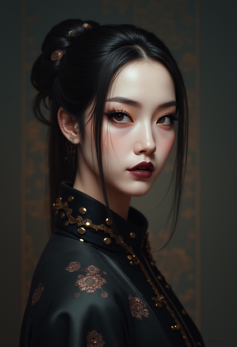 High Fashion, A highly detailed, realistic digital painting of a Chinese Zixia woman 28yo with a pale complexion, dark straight hair in an elegant updo with a few loose strands framing her face, intricate makeup , deep black lips, wearing a high-collared garment with floral patterns in a dark, muted palette, against a dark gradient background, emphasizing her enigmatic and mystical aura,, high resolution, rich textures, and contemplative mood. Dark makeup,
. Her eyes are a deep piercing and  brown
<lora:FluxMythP0rtr4itStyle:0.5> mythp0rt, dynamic, dramatic, haute couture, elegant, ornate clothing, High Fashion