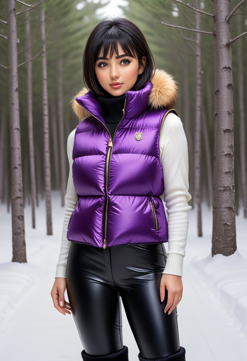 ((((puffer padded vest)))), ((((puffer padded vest)))), ((((full body)))), ((((fur boots)))), ((((puffer pants)))), winter, snow, forest, 1girl, solo, (masterpiece), detailed face, detailed eyes, (beautiful detailed eyes:1.5), sidelighting, (super detail, hyper detail, intricate_details, detailed), (semi realistic:1.6), (Bob cut), blunt bangs,(black hair), (purple eyes, eyelashs), smug smile, angry face, golden armlets, padded collar, Thick padded collar, <lora:Collar-SDXL:0.6>, <lora:cropped_puffer_vest_v2:0.4>, <lora:snowpants_v1:0.4>