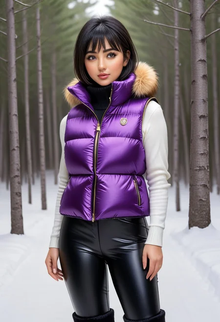 ((((puffer padded vest)))), ((((puffer padded vest)))), ((((full body)))), ((((fur boots)))), ((((puffer pants)))), winter, snow, forest, 1girl, solo, (masterpiece), detailed face, detailed eyes, (beautiful detailed eyes:1.5), sidelighting, (super detail, hyper detail, intricate_details, detailed), (semi realistic:1.6), (Bob cut), blunt bangs,(black hair), (purple eyes, eyelashs), smug smile, angry face, golden armlets, padded collar, Thick padded collar, <lora:Collar-SDXL:0.6>, <lora:cropped_puffer_vest_v2:0.4>, <lora:snowpants_v1:0.4>