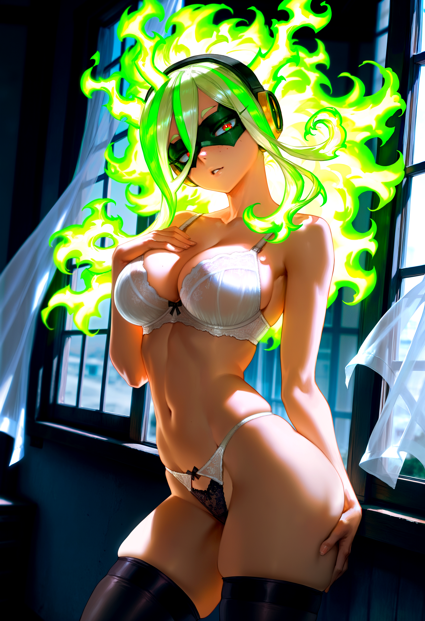 (cutesexyrobutts:0.5), (quasarcake:0.5), photorealistic, masterpiece, best quality, very aesthetic, photo background, detailed shading, detailed skin, detailed hair, mole, freckles, vallus, depth of field, dark, dim lighting, low contrast, dutch angle, burnin \(boku no hero academia\), multicolored hair, green hair, yellow hair, flaming hair, glowing hair, eye mask, white bra, lace bra, black panties, lace panties, black thighhighs, curvy figure, skindentation, contrapposto, hand on breast, hand on ass, head tilt, looking at viewer, seductive, open window, see-through curtains, wind,