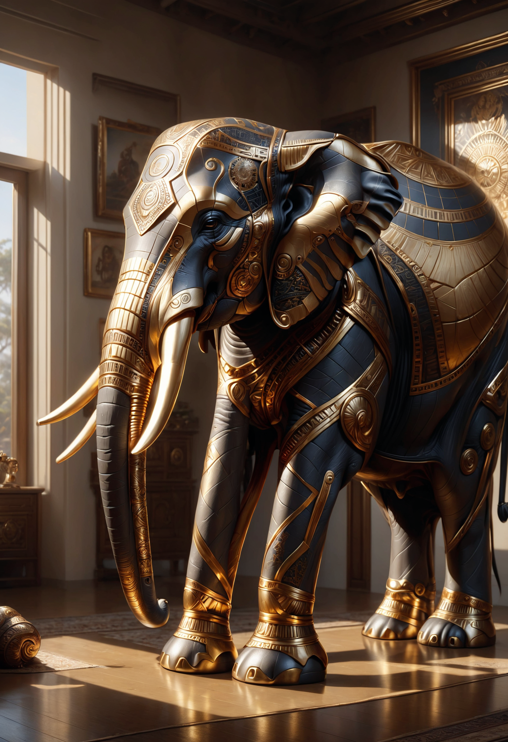 the elephant made of dvr-frft in the room, hyperrealistic, highly detailed, cinematic, single ray of golden sunlight, beautiful, cgssociety, artstation, 8 k, oil painting by greg rutkowski, by artgerm, by wlop
<lora:dvr-frft:0.8>