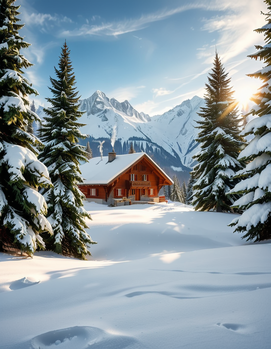 A cozy wooden chalet nestled in a serene winter landscape, surrounded by tall, snow-covered pine trees. Warm golden lights glow from the chalet's windows, contrasting with the crisp, cold air of the snowy evening. A thick layer of fresh snow blankets the ground, with a few footprints leading to the wooden front door. Smoke gently rises from the chimney, suggesting a warm fire inside. The sky is a soft twilight blue, with the first stars beginning to appear. In the foreground, a wooden fence partially covered in snow adds to the rustic charm. A small stack of firewood is neatly arranged near the entrance. The atmosphere is peaceful and inviting, evoking a sense of warmth and solitude in the midst of nature. The art style is hyper-realistic with soft lighting and high detail, emphasizing the texture of the wood, snow, and trees.
<lora:SDXLFaeTastic2400:0.4> <lora:extremely_detailed:0.4> extremely detailed, <lora:winter_l4ndsc4p3:1>,winter l4ndsc4p3, Masterpiece,best quality,hi res,8k,hi res,8k,award winning,(sharp focus, intricate, highly detailed),