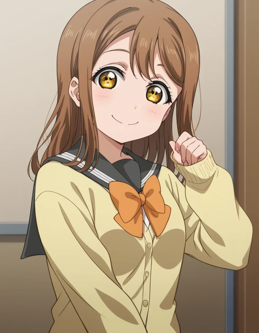 score_9, score_8_up, score_7_up, source_anime, <lora:hanamaru-kunikida-s2-ponyxl-lora-nochekaiser:1>, hanamaru kunikida, long hair, bangs, brown hair, yellow eyes,, long sleeves, bow, school uniform, serafuku, bowtie, cardigan, uranohoshi school uniform, yellow cardigan,, indoors, smile, looking at viewer, solo,, cowboy shot, dutch angle
