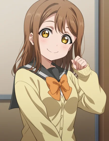 score_9, score_8_up, score_7_up, source_anime, <lora:hanamaru-kunikida-s2-ponyxl-lora-nochekaiser:1>, hanamaru kunikida, long hair, bangs, brown hair, yellow eyes,, long sleeves, bow, school uniform, serafuku, bowtie, cardigan, uranohoshi school uniform, yellow cardigan,, indoors, smile, looking at viewer, solo,, cowboy shot, dutch angle