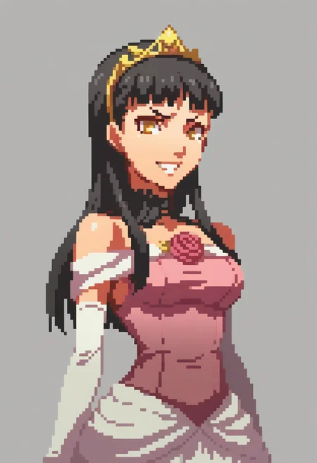 score_9, score_8_up, detailed, absurdres, extreme_quality, anime style, portrait, upper body portrait, slight side angle, medium breasts, rpg portrait, rpg, portrait, , shadow, plain background, light grey background, , upper body focus, face focus, looking at viewer, slight smile, p4yukiko, amagi yukiko, long hair, black hair, bangs, hairband, , long hair, p4yukiko-shadow, yellow eyes, tiara, ballgown, pink ballgown, pink dress, bare shoulders, flower, rose, red rose, elbow gloves, evil grin, hateful grin, evil expression, angry, rage,