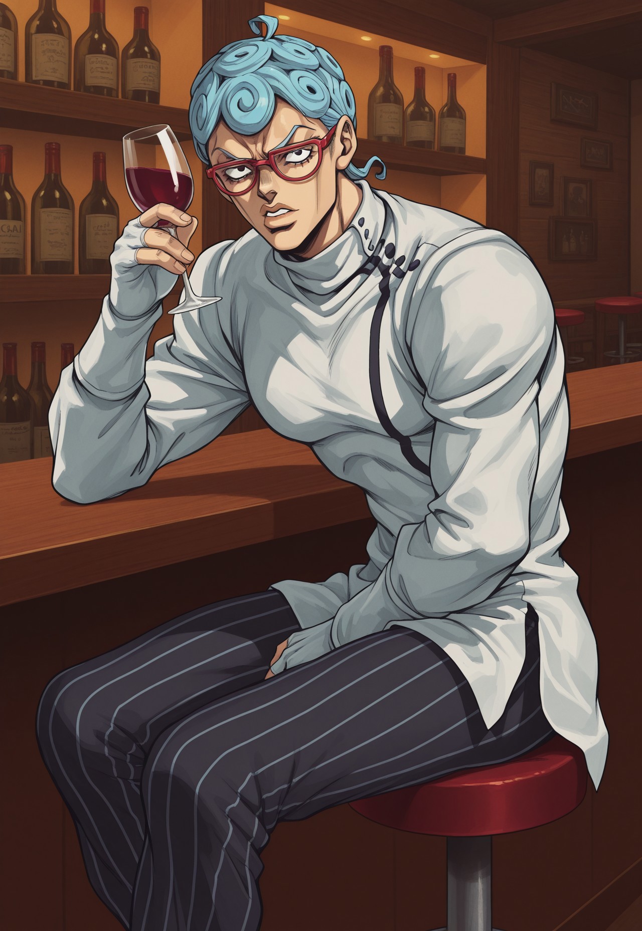 jojo's bizarre adventure, hirohiko araki style,  anime, masterpiece, best quality, detailed background, 8k, 1boy, solo, Ghiaccio, light blue hair, short hair, curly hair, black eyes, red glasses, shirt collar, white shirt, long-sleeved shirt, fingerless gloves, white gloves, black pants, pinstripe pants, sitting, indoors, bar, barstool, holding wine glass, calm, half body, turning to viewer, no pose,