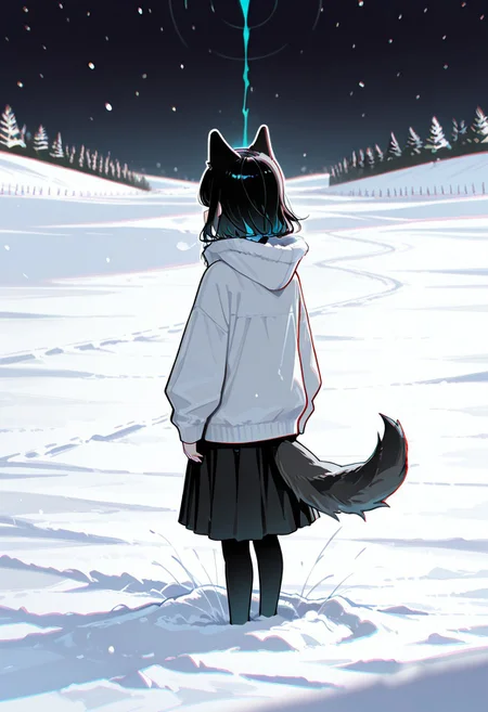 masterpiece,best quality,amazing quality, 1 woman 25yo, in a snow field, black hair, wolf ears, wolf tail (flat cute color 0.9), thick clothes
white outline glow, chromatic aberration, high res image, high res image