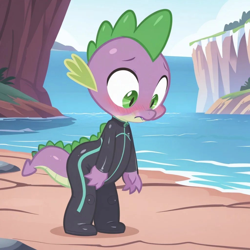 masterpiece, best quality, amazing quality, Spikemlpil, semi-anthro, male, dragon, purple skin, green eyes, light green ear fins, tail, standing, white cliffs, cliffs, water, river, sea, diving suit, wetsuit, black diving suit, tight latex suit, blushing, looking down, full body, <lora:4235ec91-e596-4e37-87a5-3f6d6d50c7c2:1.0>