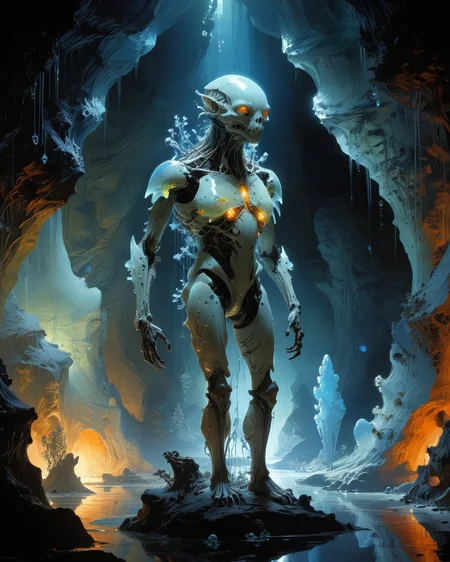 bioengineered anthropomorphic creature standing in a luminous cave, organic bioluminescent patterns, crystals, hauntingly beautiful, hyperrealistic, ultra resolution, professional photo, <lora:add-detail-xl:1.0>, <lora:xl_more_art-full_v1:0.4>, <lora:John Berkey Style:0.6> John Berkey Style page