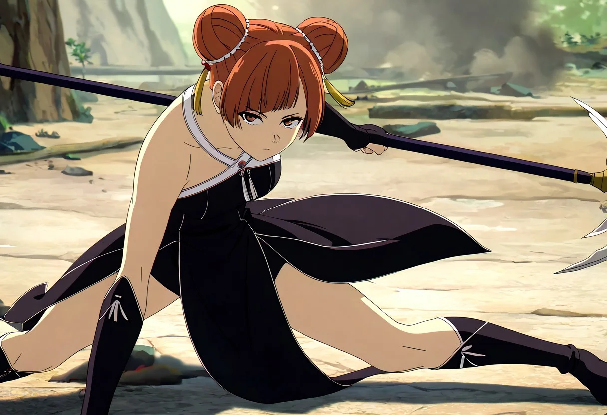 masterpiece,best quality,good quality,newest,
outdoors,detailed background,
looking at viewer,
solo,
Laufen,1girl,brown hair,short hair,double bun,brown eyes,yellow hairornament,
black dress,bare shoulders,
gloves,
pelvic curtain,
boots,
fighting_stance,holding polearm,one knee,spread legs,