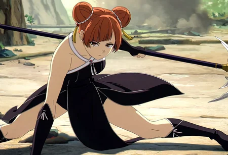 masterpiece,best quality,good quality,newest,
outdoors,detailed background,
looking at viewer,
solo,
Laufen,1girl,brown hair,short hair,double bun,brown eyes,yellow hairornament,
black dress,bare shoulders,
gloves,
pelvic curtain,
boots,
fighting_stance,holding polearm,one knee,spread legs,