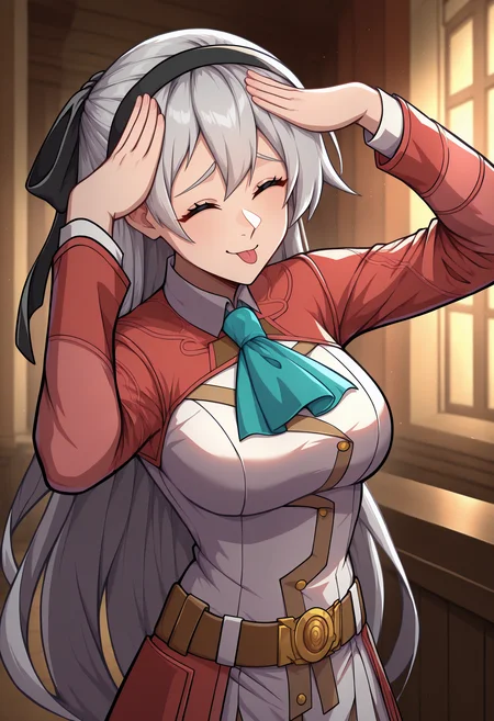 masterpiece, best quality, newest, absurdres, highres, AhEtoBlehMeme, closed eyes, tongue out, :p, hands on own head, smile, <lora:AhEtoBlehMeme_illusXLNoobAI_Incrs_v1-000008:1>, upper body, indoors, <lora:elie-illu-nvwls-v1:1> zrelie, grey hair, long hair, half updo, black hairband, hair ribbon, white and red uniform, white dress, aqua ascot, brown belt,