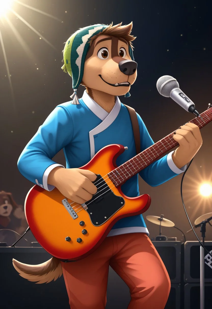 score_9, score_8_up, score_7_up, cartoon_style, ((by BodiPhant0m)), byBodiRDz, 4k, 8k, The best quality, very well drawn, detailed,
high quality, detailed, 4k, high resolution, high quality, high resolution, outdoors, furry character, canine, 2d, solo, 
rockdog, bodi, style rock dog, movie style, style[rockdog], rockdog, male, tibetan mastiff, mastif, dog boy, dog, bodi, Tibetan Mastiff with brown-and-tan fur with tan fur on his muzzle, hands and feet black nose, brown eyes and black trimmed claws, blue Tibetan jacket with a white trim, white cuffs and a white belt, red-orange pants with white cuffs and a green Tibetan beanie cap with locks of his mane poking out from the front,
teeth, blurry background, furry, spotlight, dog, music, guitar, furry_male, playing_instrument, holding instrument, instrument, microphone, furry, dog tail, guitar, microphone_stand, concert,
(sexy), naked, exposed, easynegative, Split Lighting style, partially covered in shadow,
blue fire of the soul, blue light on the strings from the light of the soul of music, praktekly, particles of music notes, fire in the soul, energy of music, blue light,
effect music notes practicle, Joyful, playing music, beautiful, in some places there is a rainbow effect, a glare effect, very beautiful, detailed