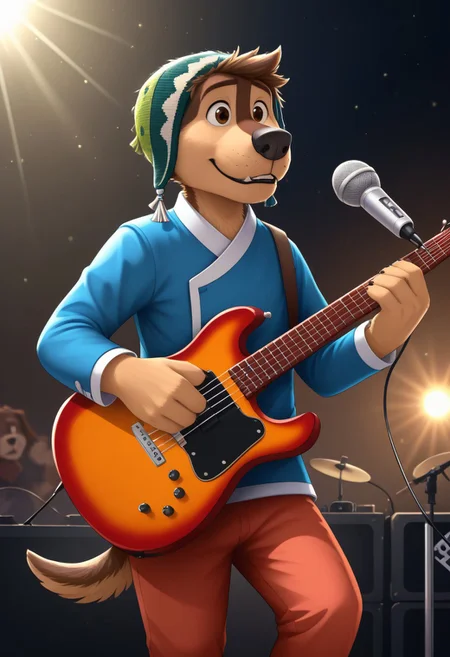 score_9, score_8_up, score_7_up, cartoon_style, ((by BodiPhant0m)), byBodiRDz, 4k, 8k, The best quality, very well drawn, detailed,
high quality, detailed, 4k, high resolution, high quality, high resolution, outdoors, furry character, canine, 2d, solo, 
rockdog, bodi, style rock dog, movie style, style[rockdog], rockdog, male, tibetan mastiff, mastif, dog boy, dog, bodi, Tibetan Mastiff with brown-and-tan fur with tan fur on his muzzle, hands and feet black nose, brown eyes and black trimmed claws, blue Tibetan jacket with a white trim, white cuffs and a white belt, red-orange pants with white cuffs and a green Tibetan beanie cap with locks of his mane poking out from the front,
teeth, blurry background, furry, spotlight, dog, music, guitar, furry_male, playing_instrument, holding instrument, instrument, microphone, furry, dog tail, guitar, microphone_stand, concert,
(sexy), naked, exposed, easynegative, Split Lighting style, partially covered in shadow,
blue fire of the soul, blue light on the strings from the light of the soul of music, praktekly, particles of music notes, fire in the soul, energy of music, blue light,
effect music notes practicle, Joyful, playing music, beautiful, in some places there is a rainbow effect, a glare effect, very beautiful, detailed