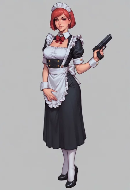RosieTJ, 1girl, robot girl, metal body, red eyes, red buttons, wheels, white maid cap, white collar, white cuffs, white hip apron, black skirt, female
((full-clothed)), ((long big pistol in hands, handgun in hands))
BREAK
strange world background score_9, score_8_up, score_7_up, score_6_up, source_cartoon, rating_explicit, Expressiveh, (((((full body))))), dynamic pose