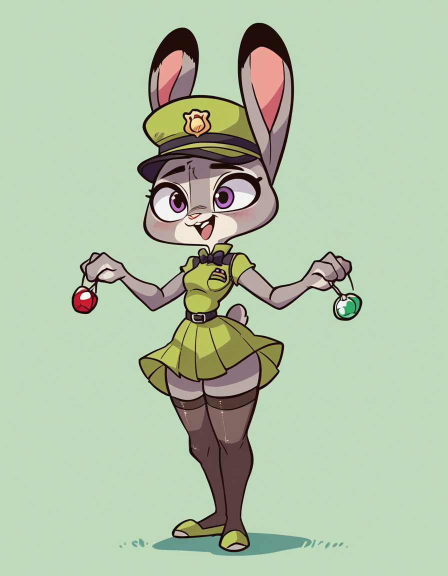 zPDXL, score_9, score_8_up, score_7_up, source_anime, 1girl, solo,
 <lora:diives_v2-20:1> diives, (portrait), Judy Hopps \(Zootopia\), furry, rabbit girl, grey fur, rabbit tail, rabbit ears, shortstack, small breasts, laughing, interlocked_fingers, flight attendant wearing Polished emerald green uniform with a blouse with a bow tie, pleated skirt, sheer stockings, emerald green heels,  service trolley