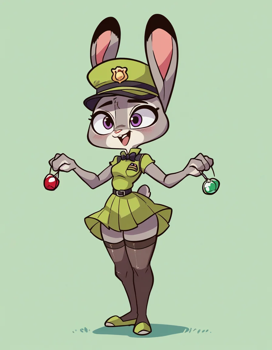 zPDXL, score_9, score_8_up, score_7_up, source_anime, 1girl, solo,
 <lora:diives_v2-20:1> diives, (portrait), Judy Hopps \(Zootopia\), furry, rabbit girl, grey fur, rabbit tail, rabbit ears, shortstack, small breasts, laughing, interlocked_fingers, flight attendant wearing Polished emerald green uniform with a blouse with a bow tie, pleated skirt, sheer stockings, emerald green heels,  service trolley