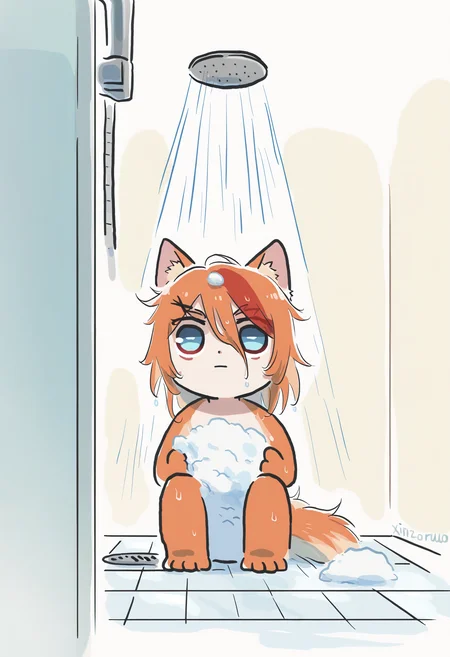 masterpiece, best quality, 1girl, solo, ChamBuPu, blue eyes, multicolored hair, medium hair, animal ears, x hair ornament, animal hands, tail, animal feet, xinzoruo, chibi, hair over eyes, wet, soap, tiles, showering, shower, shower \(place\), wet hair, wet, sitting, confused, solid circle eyes, <lora:ChamBuffpupIllustriousXL:1>