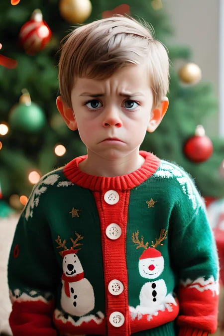 waist up, A little boy on christmas morning wearing the ugliest fuzzy christmas sweater ever, crestfallen expression, unhappy