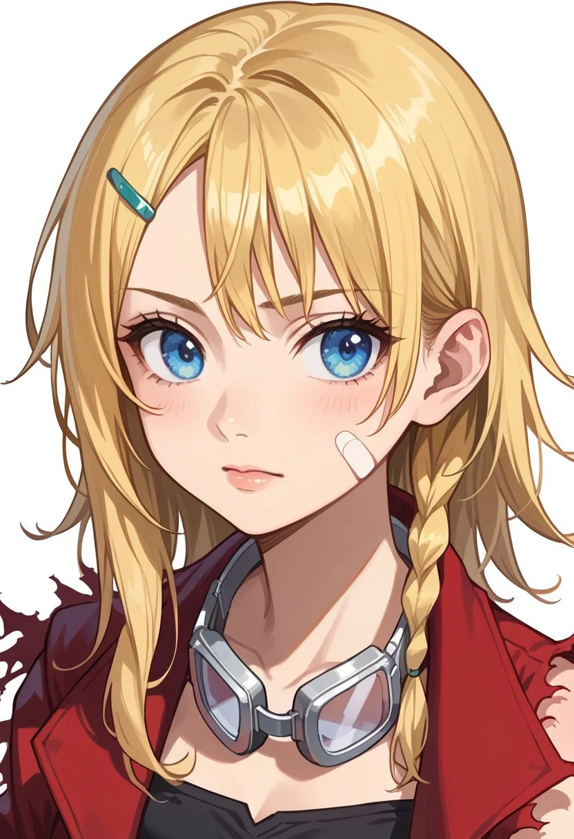 score_8, score_8_up, score_7_up, source_anime, anime screenshot, 1girl, solo, female focus, Rena_MM, blonde hair, blue eyes, long hair, asymmetrical hair, hair clip, single braid, side braid, bandaid on face, goggles around neck, red coat, collared coat, torn sleeves, single sleeve, asymmetrical sleeves, portrait, simple background, white background