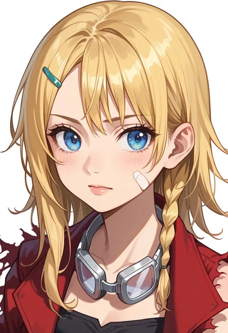 score_8, score_8_up, score_7_up, source_anime, anime screenshot, 1girl, solo, female focus, Rena_MM, blonde hair, blue eyes, long hair, asymmetrical hair, hair clip, single braid, side braid, bandaid on face, goggles around neck, red coat, collared coat, torn sleeves, single sleeve, asymmetrical sleeves, portrait, simple background, white background