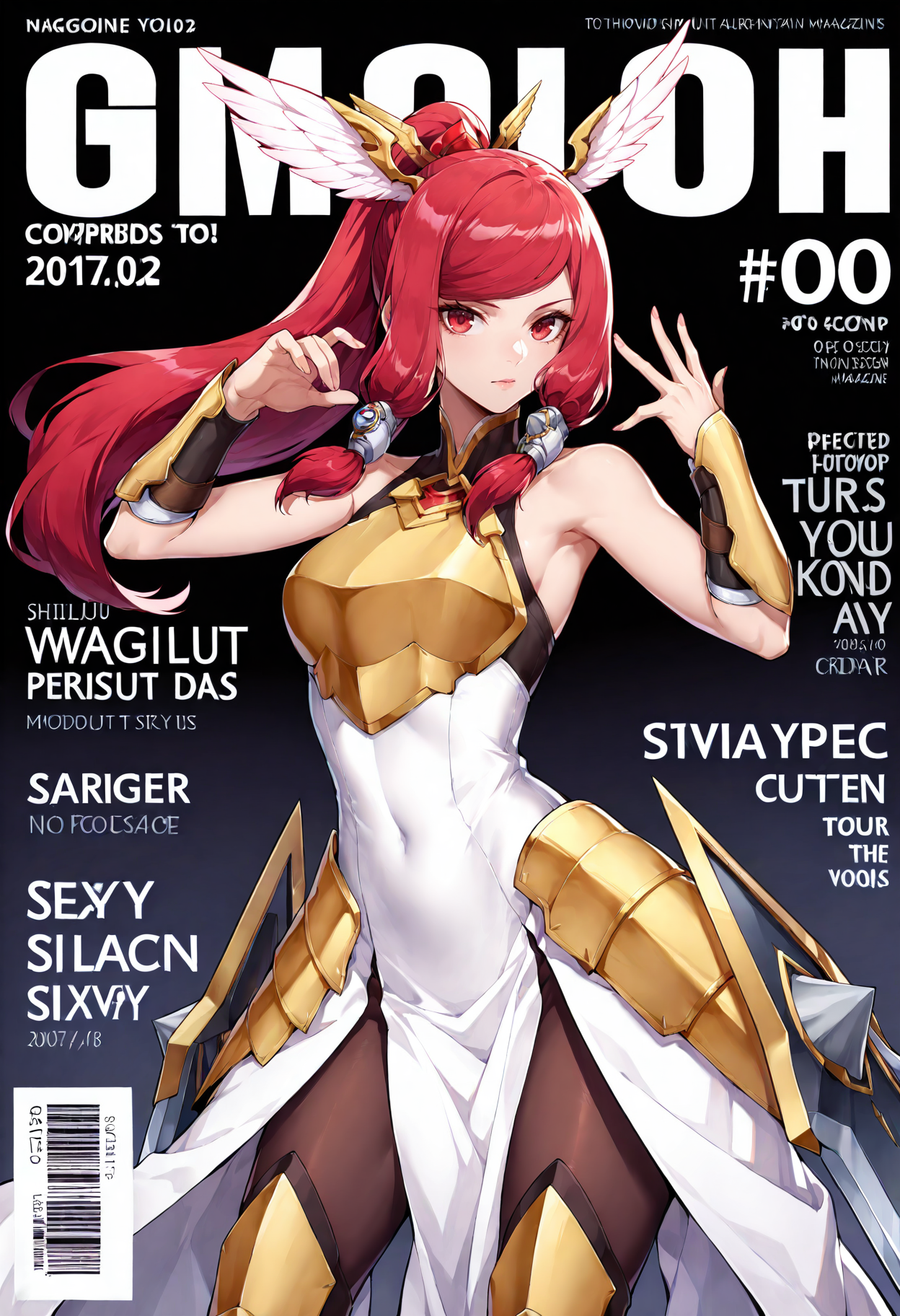 <lora:add-detail-xl:1>,masterpiece,best quality,absurdres,highres,detailed eyes,beautiful,detailed background,perfect eyes,realistic,
<lora:magazine-cover-illustriousxl-lora-nochekaiser:1>,magazine cover,fake magazine cover,english text,cover,fake cover,price,cover page,text focus,barcode,dated,cowboy shot,sexy pose,
<lora:shiliuye:1>,shiliuye,1girl,red hair,red eyes,long hair,armor,pantyhose,breastplate,bare shoulders,ponytail,boots,hair tubes,sidelocks,vambraces,brown pantyhose,hair ornament,faulds,head wings,bangs,armored dress,twintails,high heels,greaves,sleeveless,dress,pelvic curtain,swept bangs,knee boots,armored boots,
