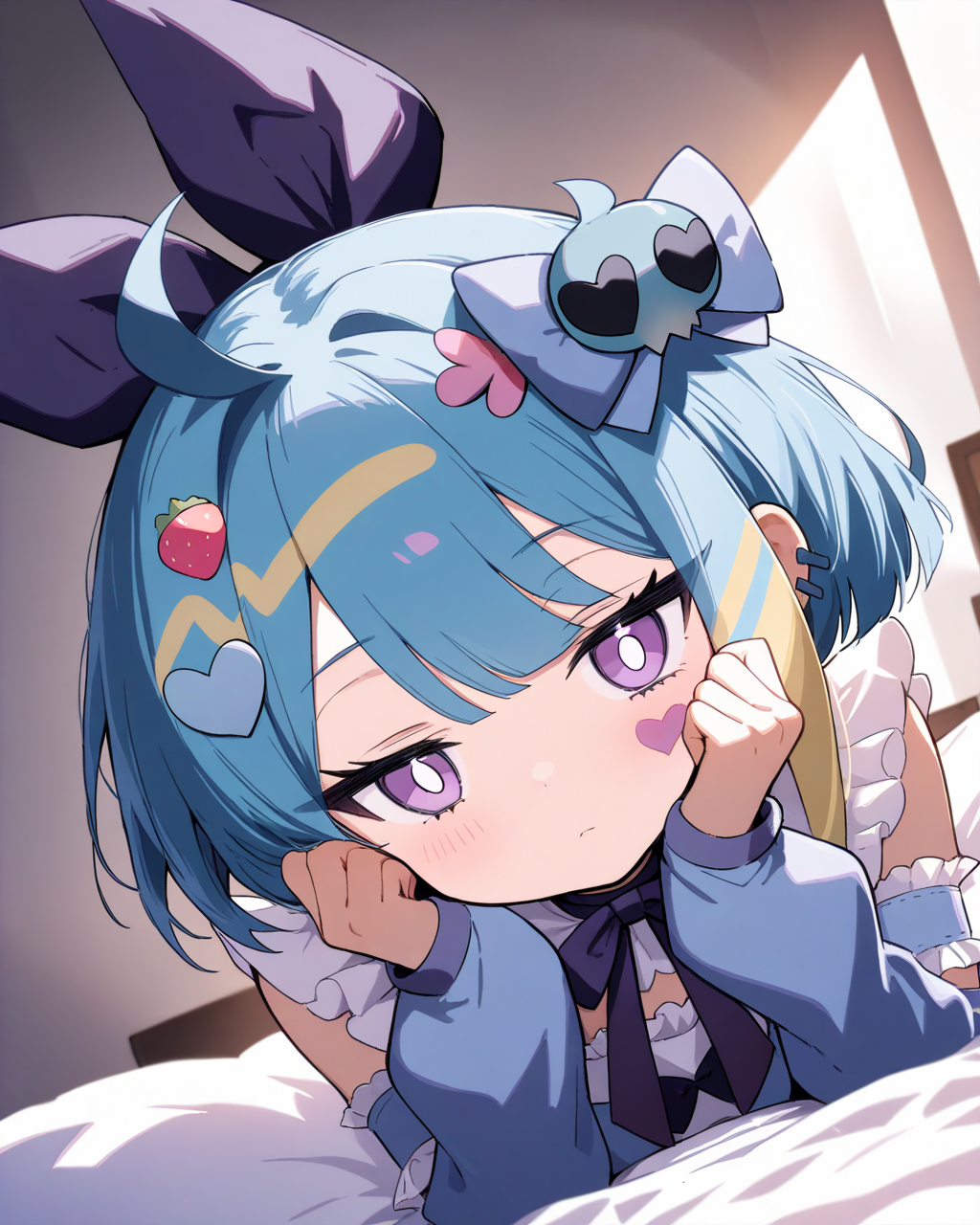 1girl,
LiveTwinLil-laYu-Gi-Oh,
safe, solo, dynamic angle, close-up, upper body, 
hair bow, purple bow,
skull hair ornament, hair flower, strawberry hair ornament,
heart hair ornament,
looking at viewer,
prone, face in hands,
neck ribbon, purple bowtie,
arm warmers,
frills, 
on bed, bedroom,
depth of field,
<lora:kp_LiveTwinLil-laSweetYu-Gi-OhAnimagineXL_v1_1:1.0>,
masterpiece, high score, great score, absurdres