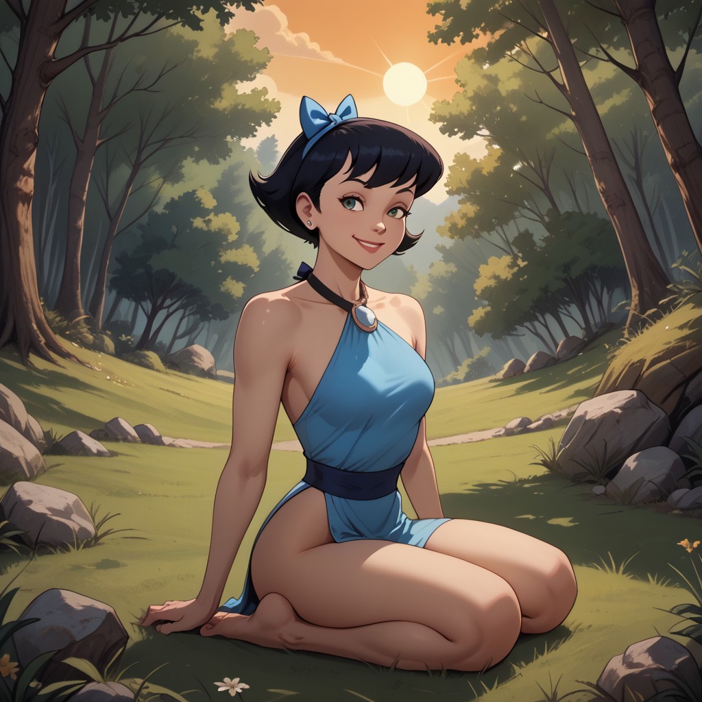 score_9, score_8, BREAK, Betty Rubble, slim body, slender, fair skin, short hair, black hair in a bob, sky-blue loincloth/halter dress connected to a white stone with black straps that tie around the back of her neck like a necklace, asymmetrical hemline, sky-blue bow in her hair, barefoot, sexy pose, self portrait, smile, outdoors, sunlight, shadows, evening lighting, natural lighting, forest, trees, grass, orange sky, sunset
