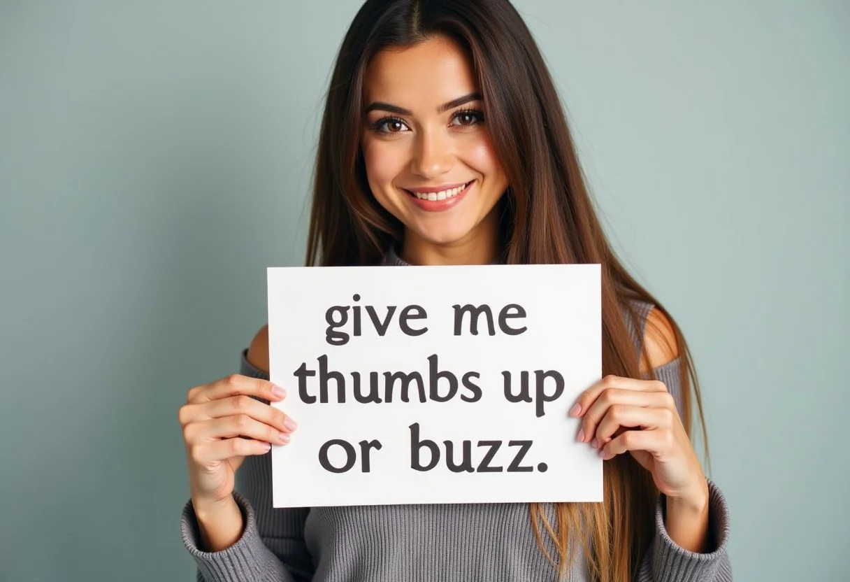 beautiful woman holding a sign it says "give me thumbs up or buzz",