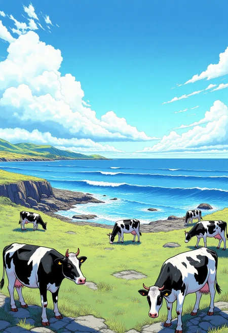 comic panel capturing a group of six black and white Holstein cows grazing on a rocky shoreline. The cows, with varying shades of black and white, are positioned on the foreground and midground. The background features a bright blue sky with scattered white clouds and the expansive sea, which is a deep blue. The ground is a mix of rocky terrain and patches of green grass. The cows appear relaxed and are scattered across the landscape. The image conveys a serene, pastoral setting under clear, sunny weather. c0mix2, aidmamj6.1