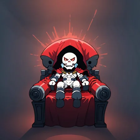 high quality, dynamic lighting, at night,hooded space marine, with skulls and red cape, sitting down on throne, white helmet, red glowing eyes, disney style, animated style, <lora:space_marine-000009:0.5>,<lora:anpan:0.7>