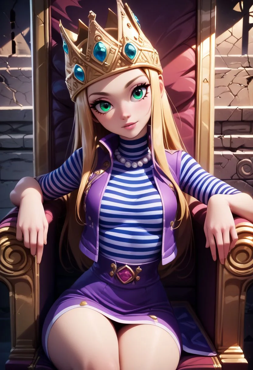 score_9, score_8_up, score_8, medium breasts, (curvy), cute, eyelashes, rating_safe,
BREAK,
zzIzumi, perfect, green eyes, blonde hair, long hair, purple vest, striped shirt, hat,
BREAK,
head tilt, sitting on throne, huge throne, oversized throne, ruins,
abandoned castle, crown, pearl necklace,
zPDXL,