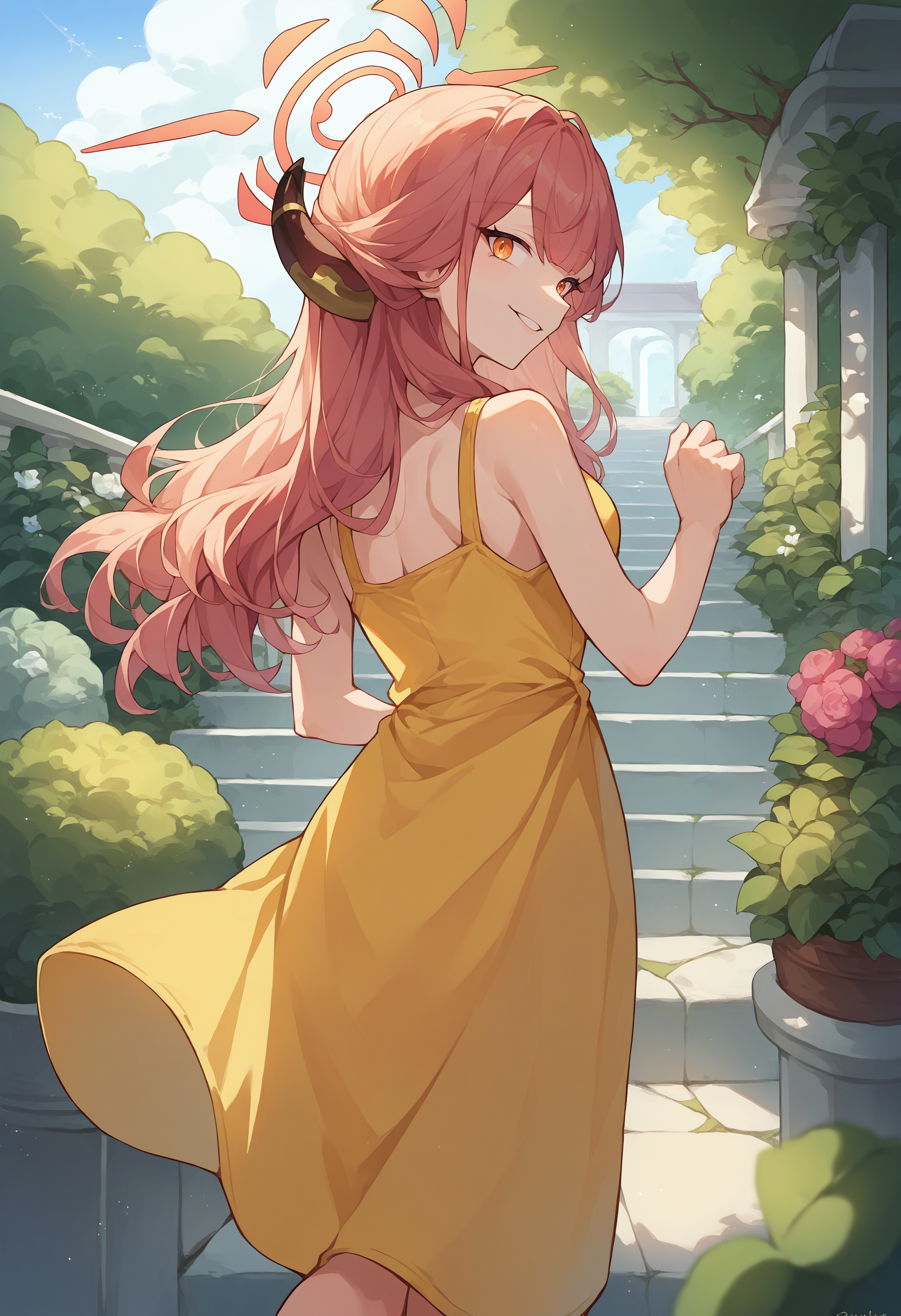 score_9, score_8_up, source_anime, 1girl, solo, RikuhachimaAru, long hair, horns, halo, from behind, yellow sundress, garden, day, sunshine, smile, looking back, <lora:ChamRikuhachimaAruPonyXL:1>