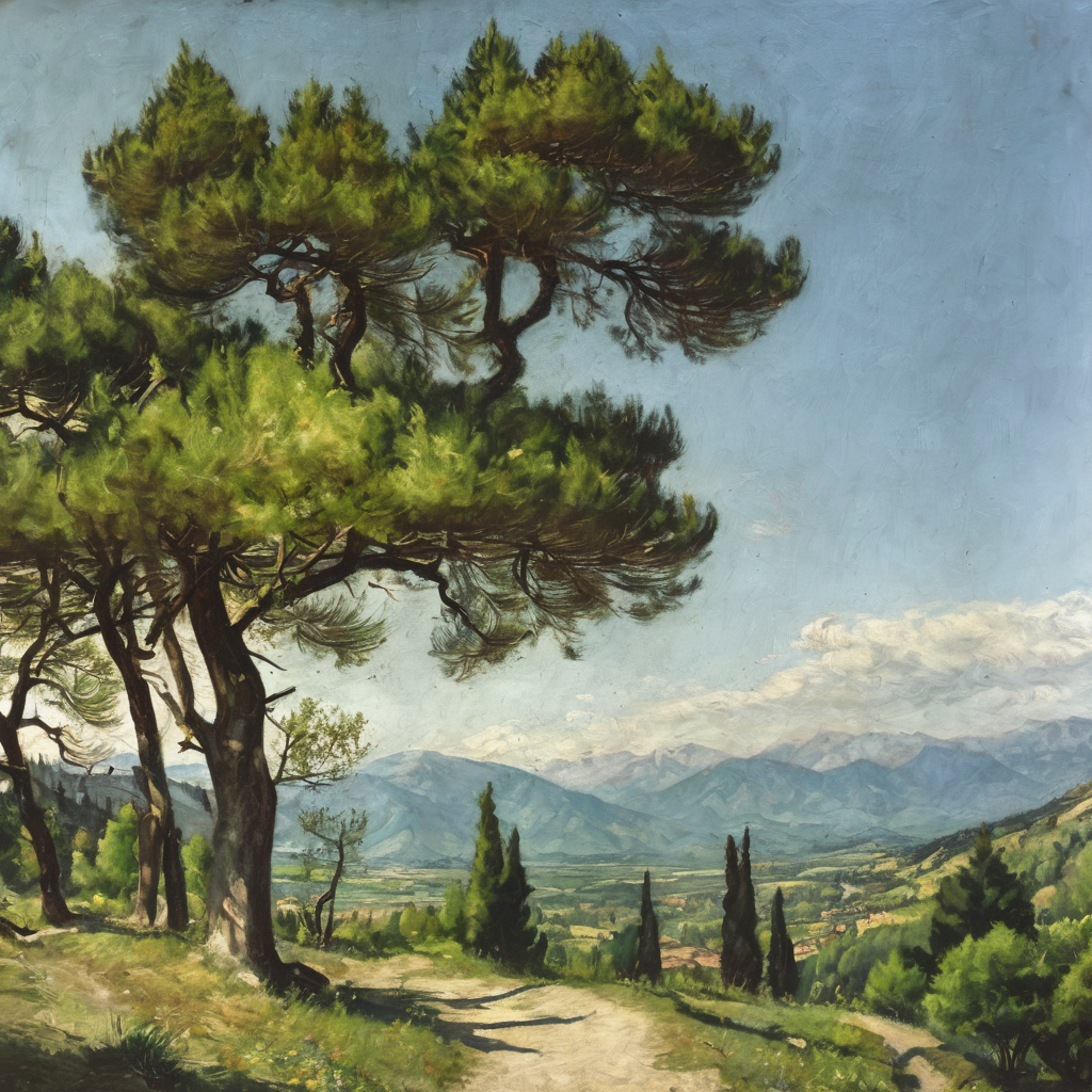 barbacki panorama of the countryside among mountains and trees, path and tree<lora:barbacki:1>